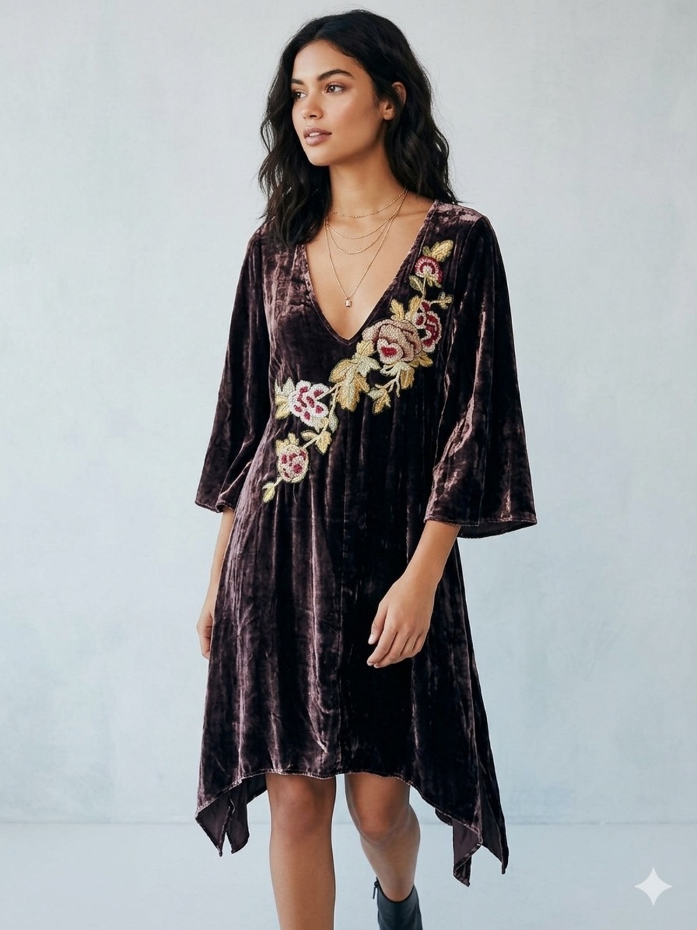 Aratta "Take The Stage" Floral Embroidered Crushed Velvet Tunic Dress